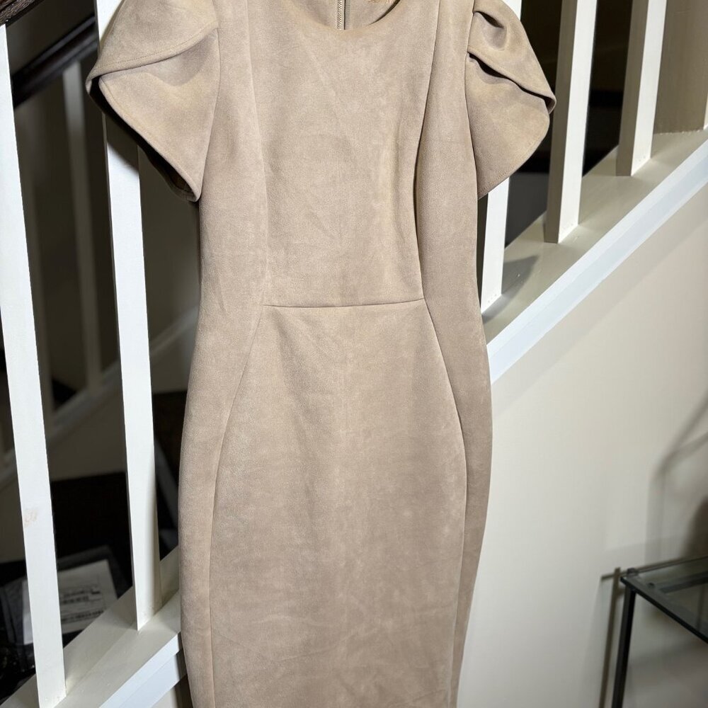 Calvin Klein Womens Tan Beige Faux Suede Microsuede Dress Size 6 Puff Sleeve